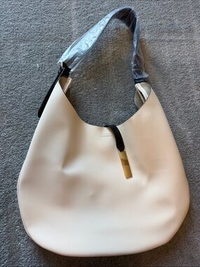 Cream Shoulder Hobo Bag with Black Strap and Gold Accent